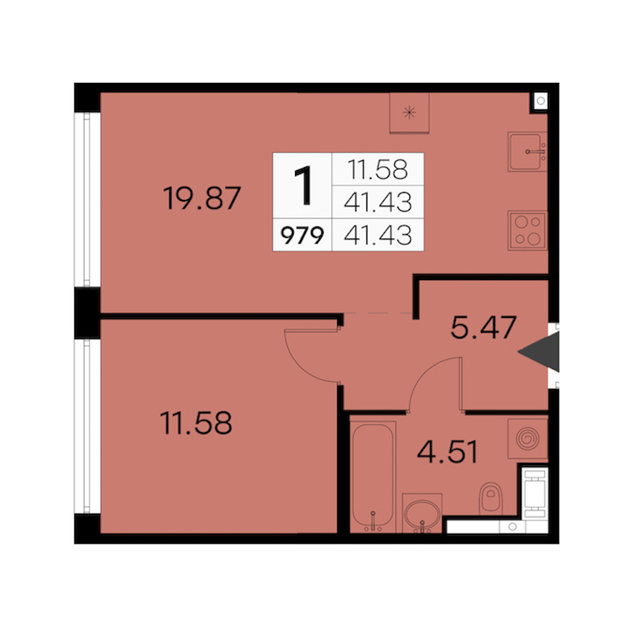 1-комнатная квартира 41.43 м², 17/19 эт., ЖК «GloraX Aura Vasileostrovsky»